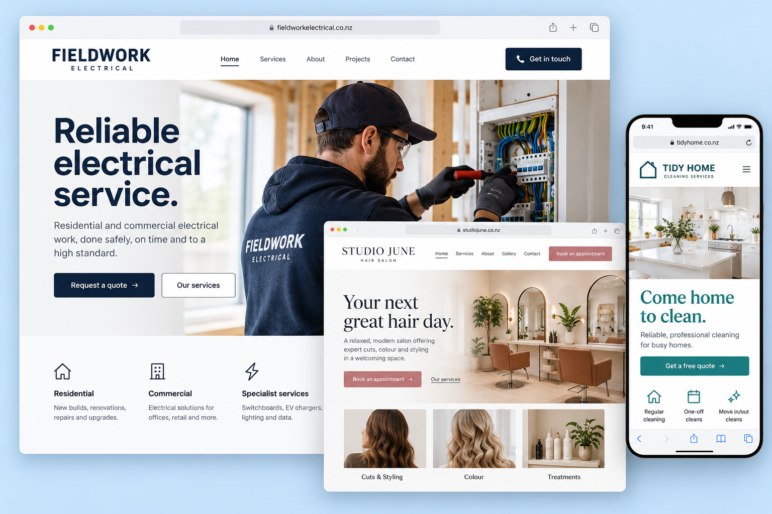 Illustrative website concepts for an electrical contractor, hair salon, and cleaning business